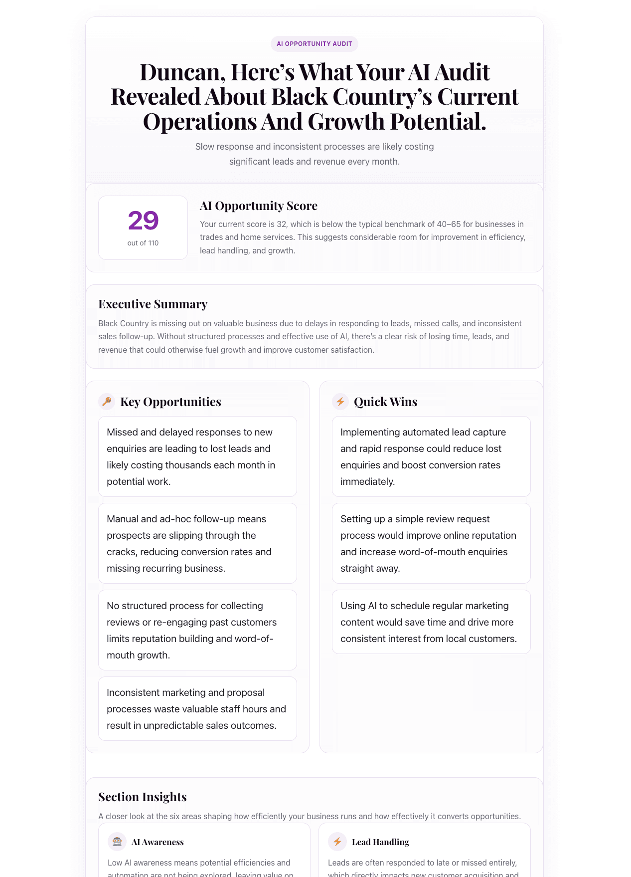 Example AI opportunity assessment results