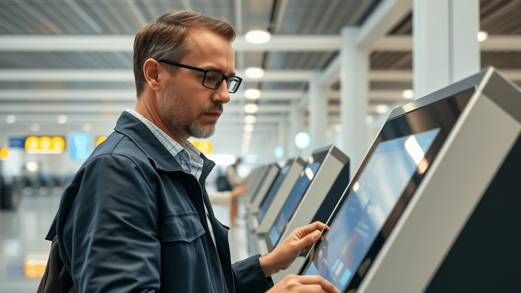 User interacting with automated service kiosk at airport, example of automated customer service application