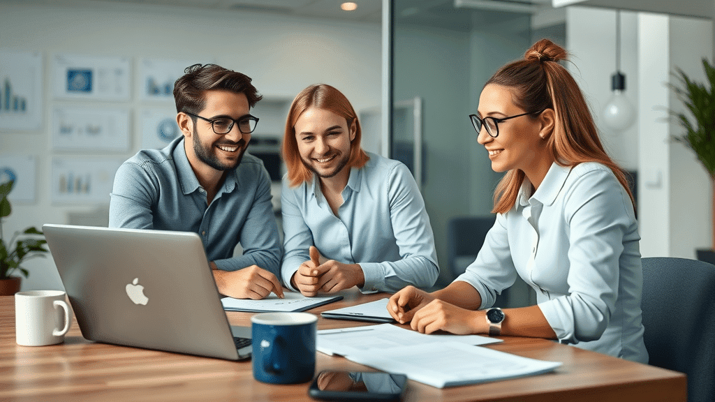 Dynamic small business team discussing marketing automation strategies and dashboards in a contemporary office setting; marketing automation for SMBs, automation tools, small businesses