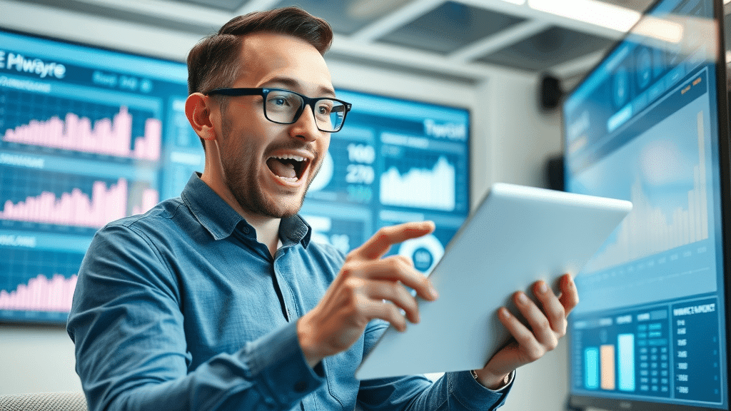 Professional marketer reviewing chatbot performance report with KPI data