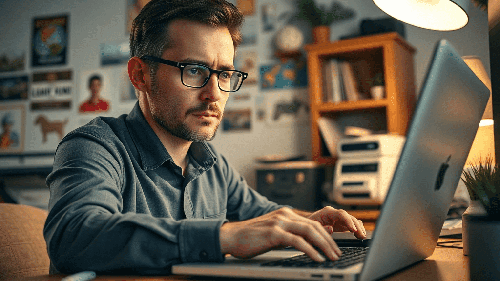 Business owner doing personalized outreach for local link building, sending emails from home office