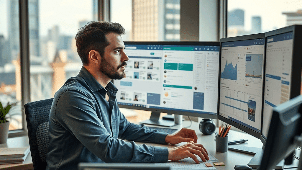 Marketing manager scheduling social media posts using automation software; marketing automation for SMBs, social media automation, small businesses