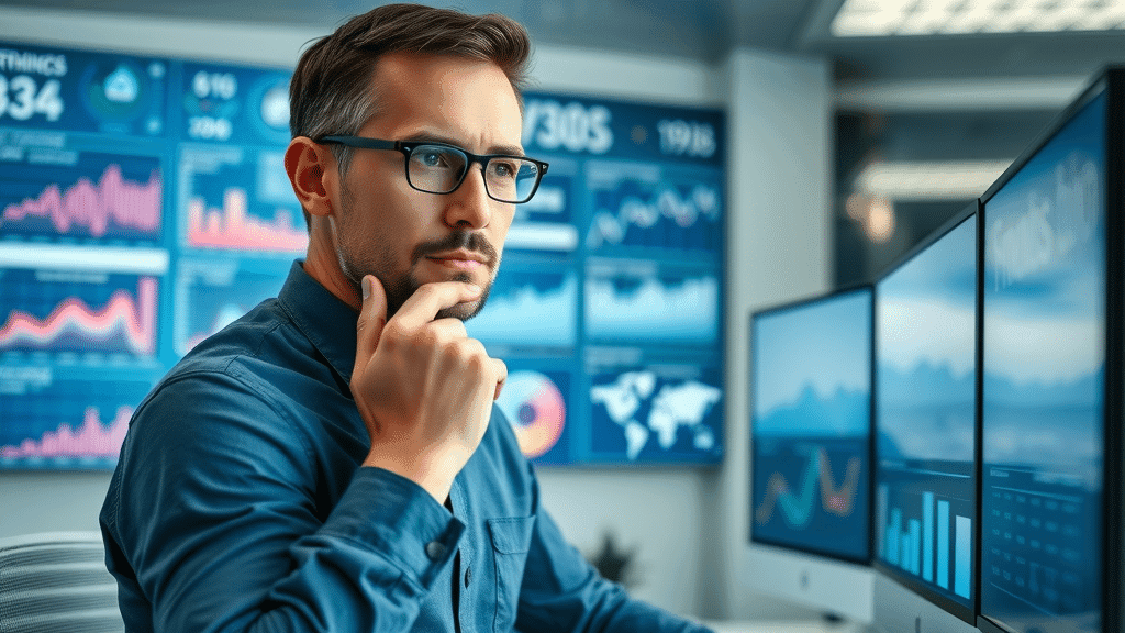Professional analyst reviewing digital dashboard with customer service KPIs, tracking automated customer service success