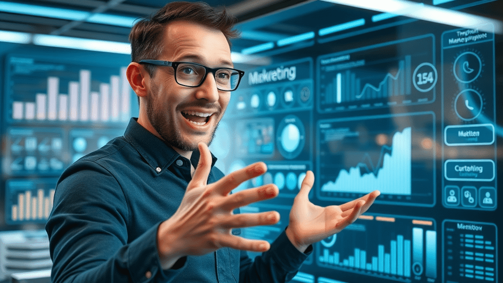 Entrepreneur setting up marketing automation workflow on futuristic dashboard; marketing automation for SMBs, automation workflow, lead generation