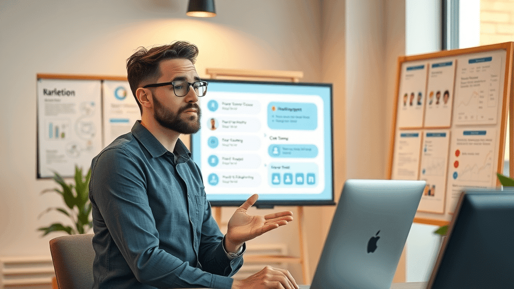 Marketing manager customizing chatbot conversation flow in modern office