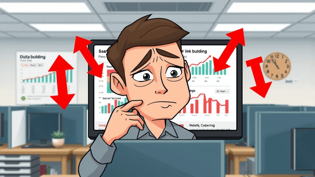 Frustrated marketer analyzing poor local link building strategies, animated chart showing mistakes, warning arrows