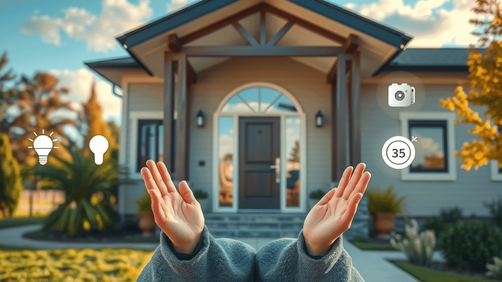 modern smart home exterior with automation icons, vibrant landscaping, and environmental details - home automation services