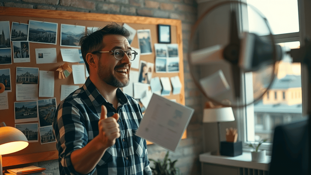 Marketer designing hyperlocal content-driven local link building strategies, bulletin board with notes and local photos