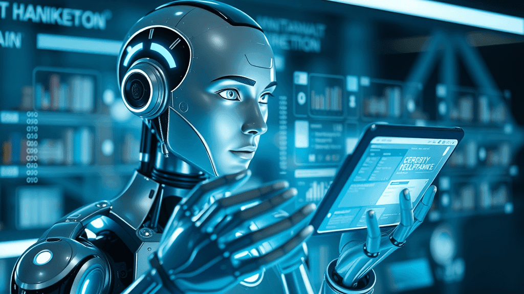 Futuristic AI chatbot projecting data and marketing insights in digital environment