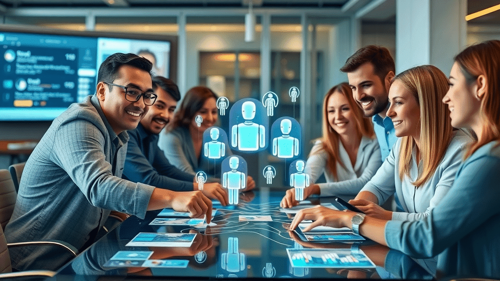 Marketing team brainstorming chatbot strategy in digital workspace