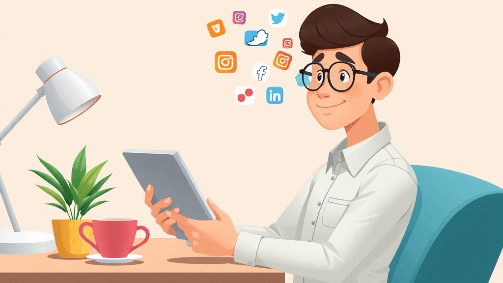 Marketer using tablet to automate social media posts; marketing automation for SMBs, social media automation, automation tools, small businesses