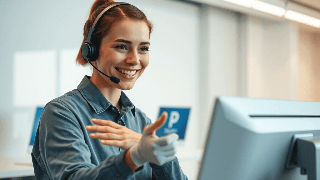 Smiling support agent guiding customer through automated portal, maintaining human touch in customer service automation