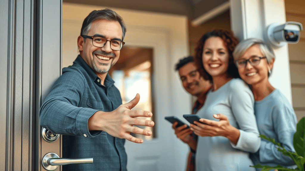 family entering home using smart lock, security camera visible, home automation security system