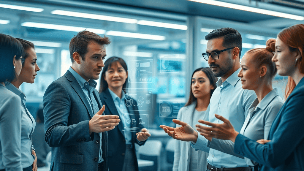 Futuristic office scene, diverse professionals interacting with advanced AI interface, automated customer service in modern workplace