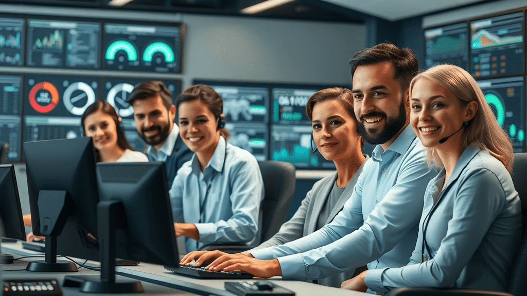 Diverse customer service team collaborating with AI automation, modern control room, customer service automation in action