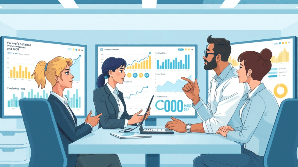 Diverse business professionals analyzing growth charts, chatbot impact on 24/7 sales and ROI in digital workspace