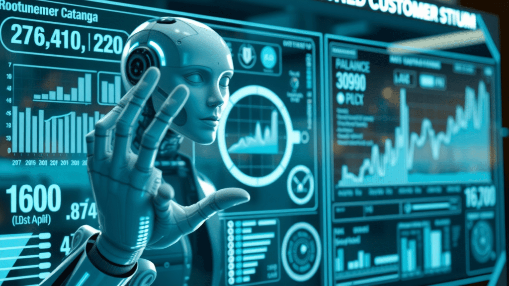 Innovative AI chatbot system with futuristic interface analyzing customer data, AI in customer service automation
