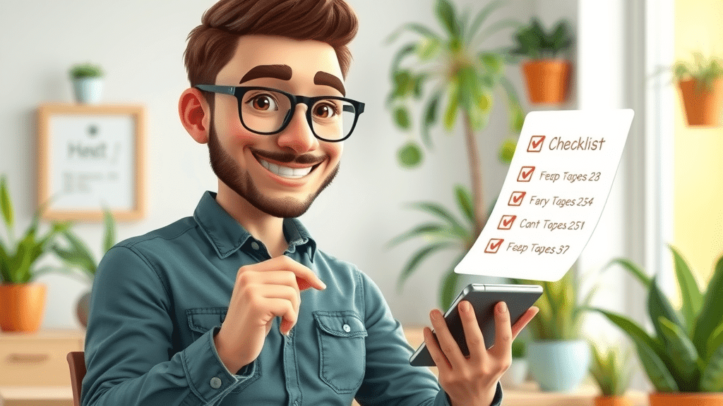 Local entrepreneur implementing local link building checklist, ticking off local SEO tasks on tablet