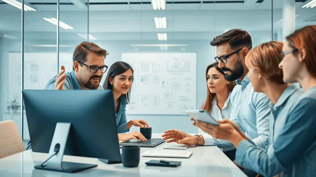 Marketing team solving marketing automation software issues in office; automation software, small businesses, marketing efforts