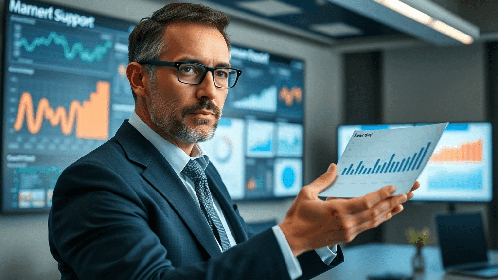 Insightful business leader presenting customer support efficiency charts, core concepts of automated customer service