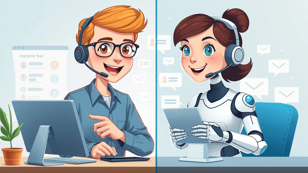Contrasting customer service agents, human and AI chatbot, collaborating in customer support