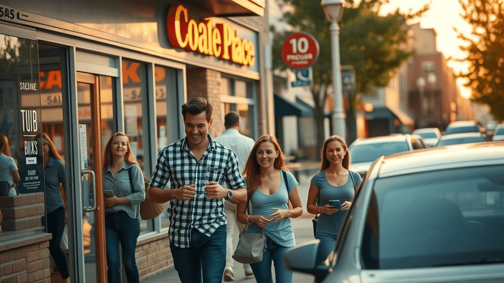 Successful local business with increased foot traffic, community engagement, bustling shopfront