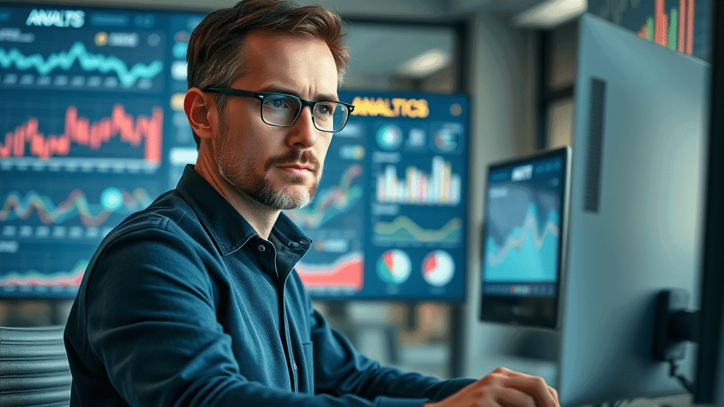 SEO specialist measuring local link building strategies, tracking KPIs, analytics dashboard with local SEO data