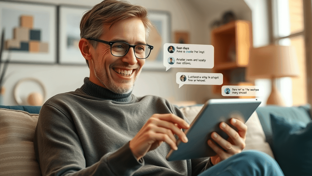 Cheerful customer using tablet with responsive AI chatbot in cozy home environment, customer satisfaction