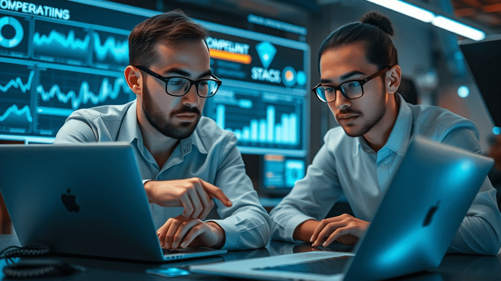 SEO professionals analyzing competitor local link building strategies, graphs and backlink profiles on screen