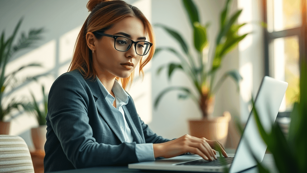 Confident businesswoman analyzing marketing automation software dashboard on laptop; marketing automation for SMBs, email marketing, small businesses