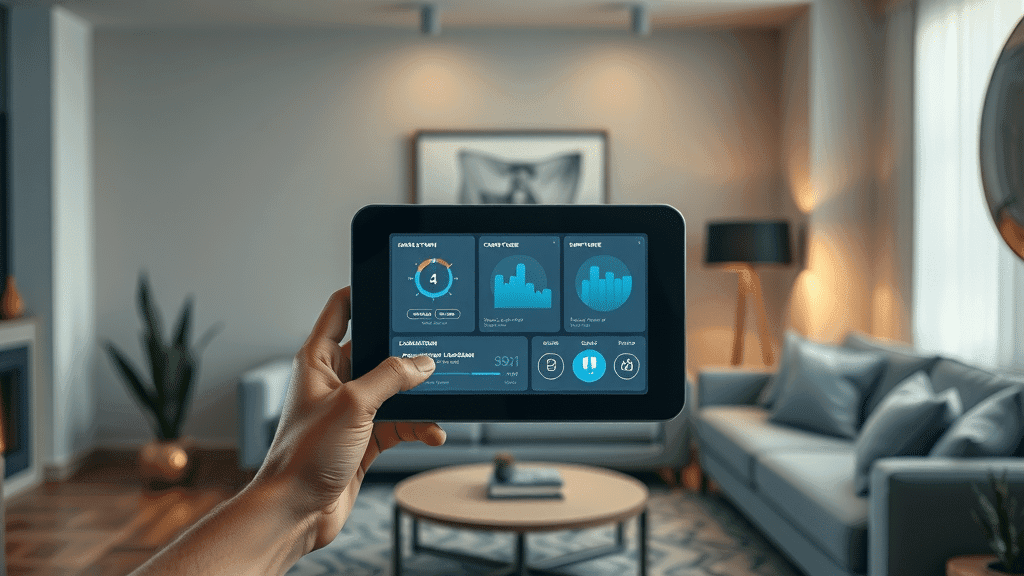 sleek smart home hub displaying dashboard, smart devices integration in living room - home automation system
