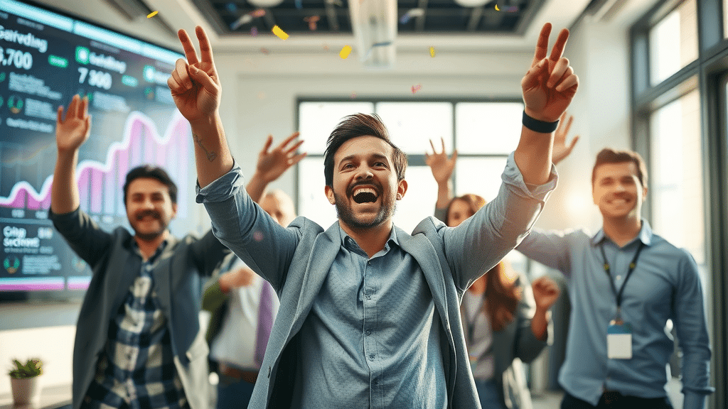 Entrepreneur and team celebrating chatbot marketing growth metrics in modern office