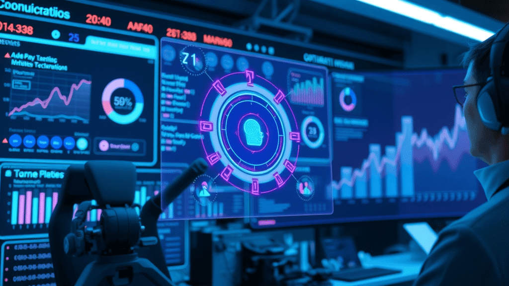 Futuristic dashboard displaying AI-powered data analytics for marketing automation in small businesses