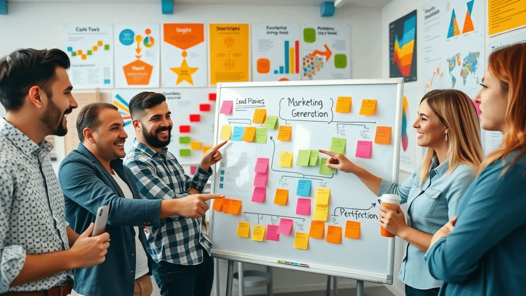 Creative marketing team designing a lead generation automation campaign; marketing automation for SMBs, lead generation, automation tools, small businesses