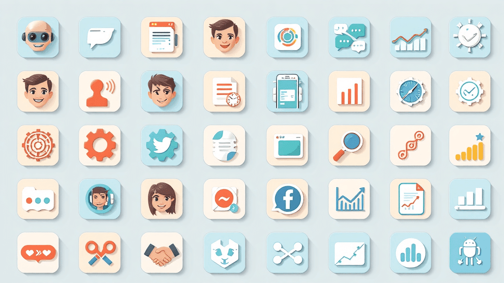 Icons of leading chatbot brands, sales, support, social media, analytics features