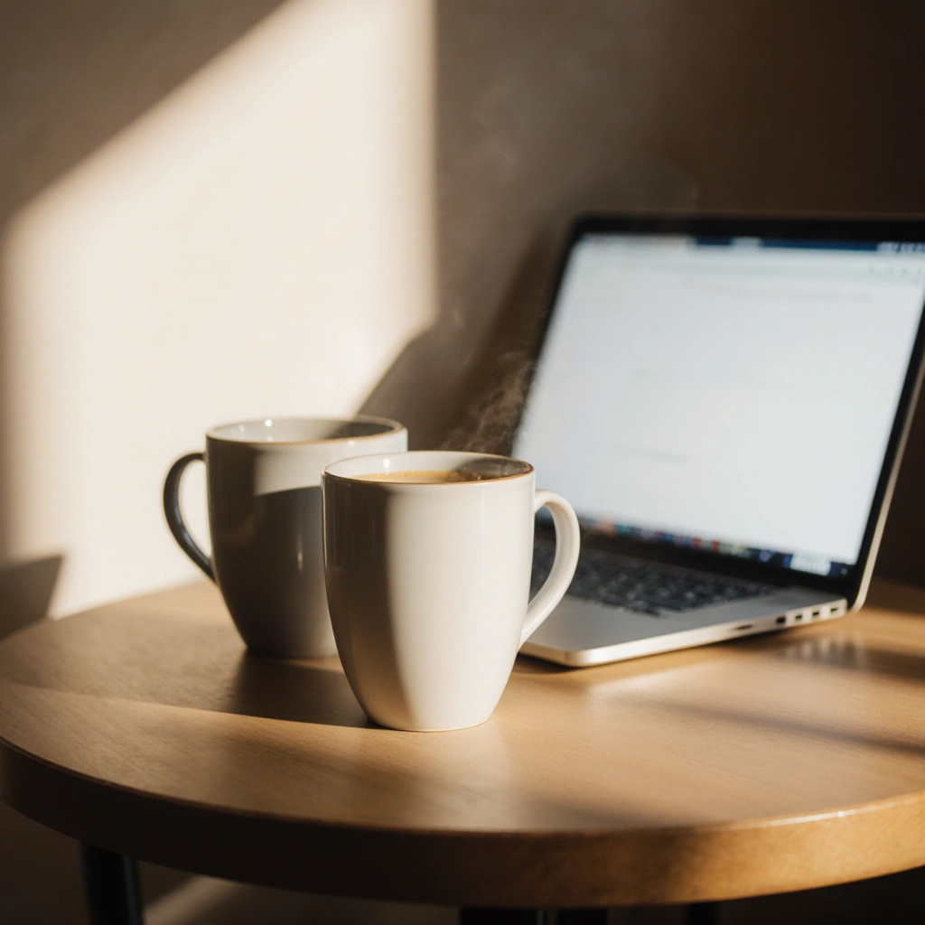 Two coffees next to a laptop