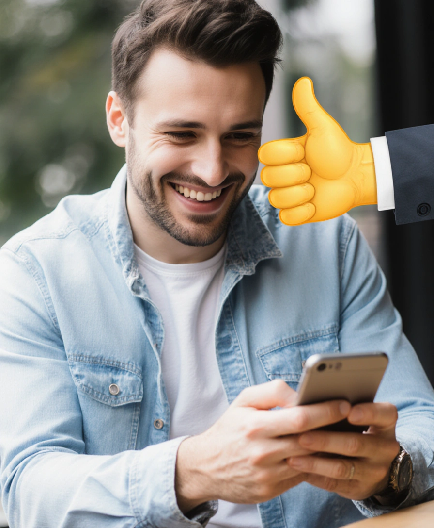 Customer leaving a positive review on a smartphone via automated feedback system