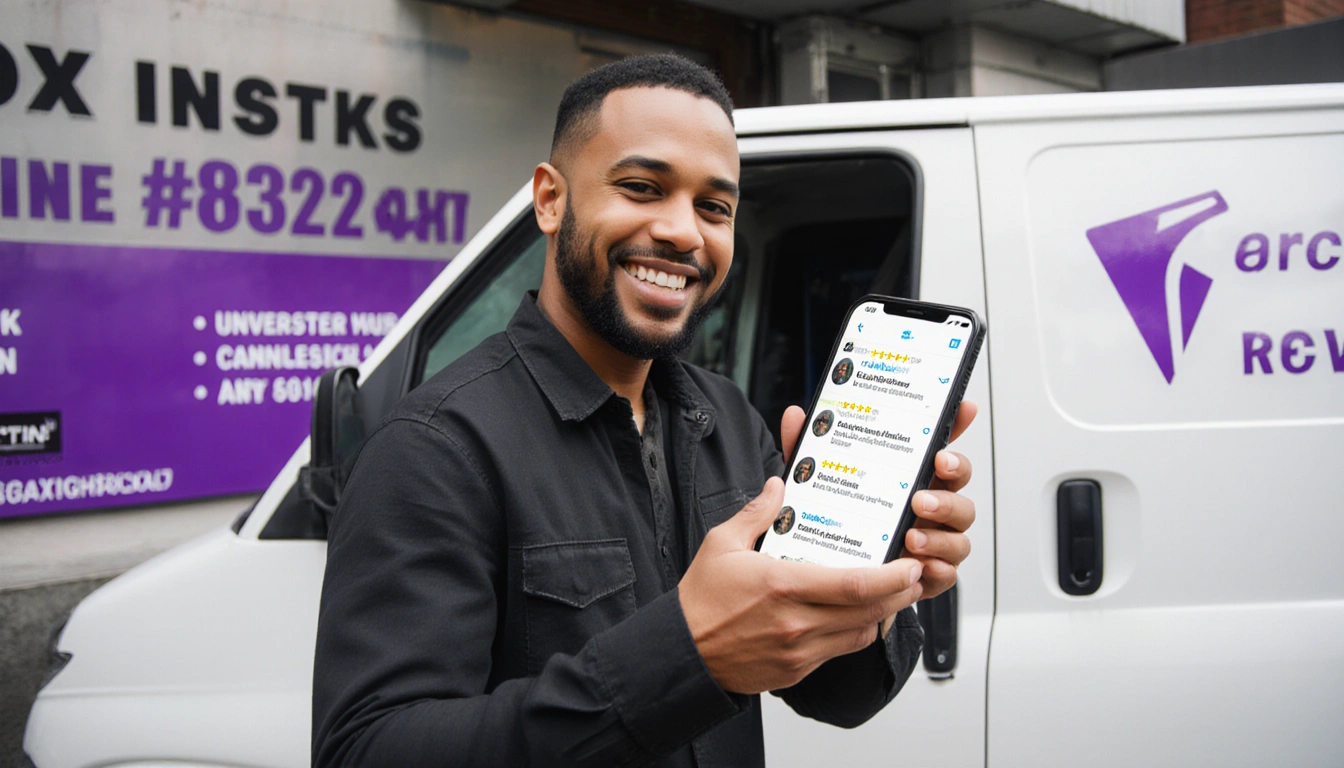 Confident business owner holding phone showing marketing success with 5-star reviews and social posts