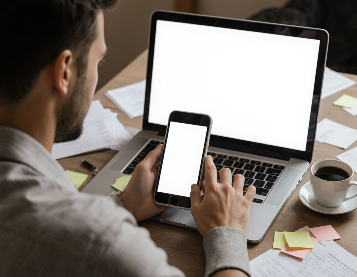 Frustrated business owner looking at blank screen, struggling to write marketing messages