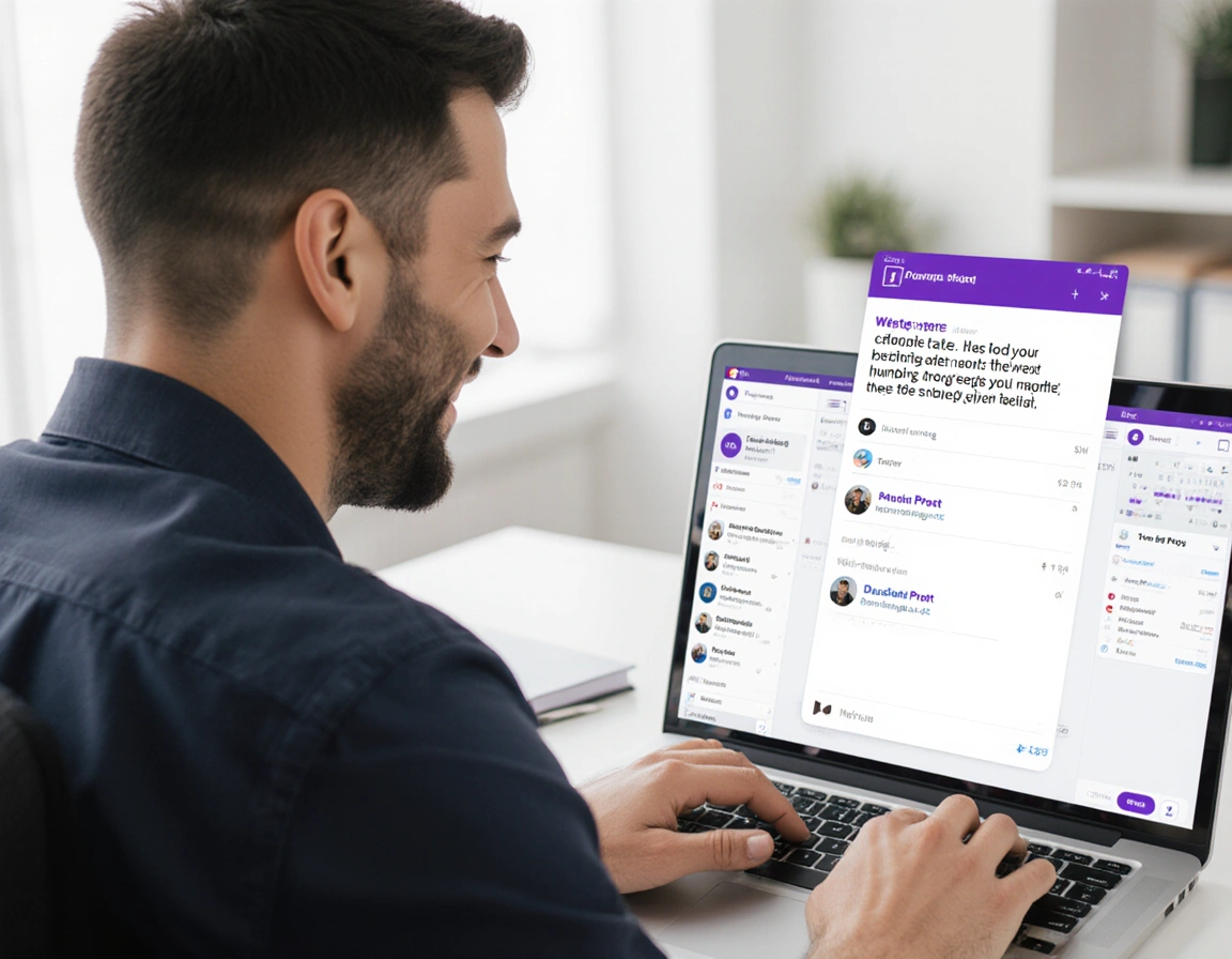 Business owner smiling at laptop with ready-to-use marketing messages