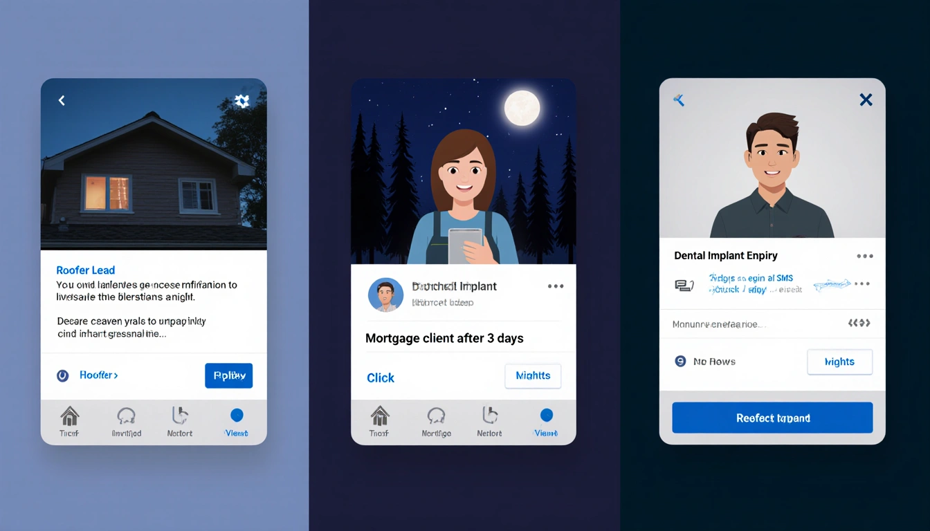 Scenario examples of AI engaging leads in roofing, dental, and mortgage