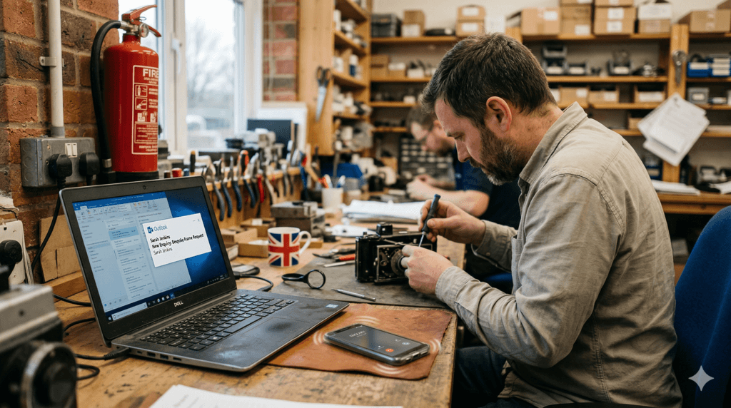 Small business owner working while phone shows incoming enquiry and missed opportunity