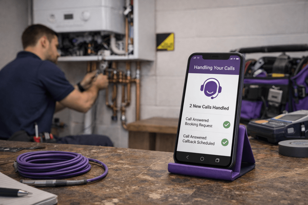 Small business owner working on site while AI voice receptionist handles incoming customer calls
