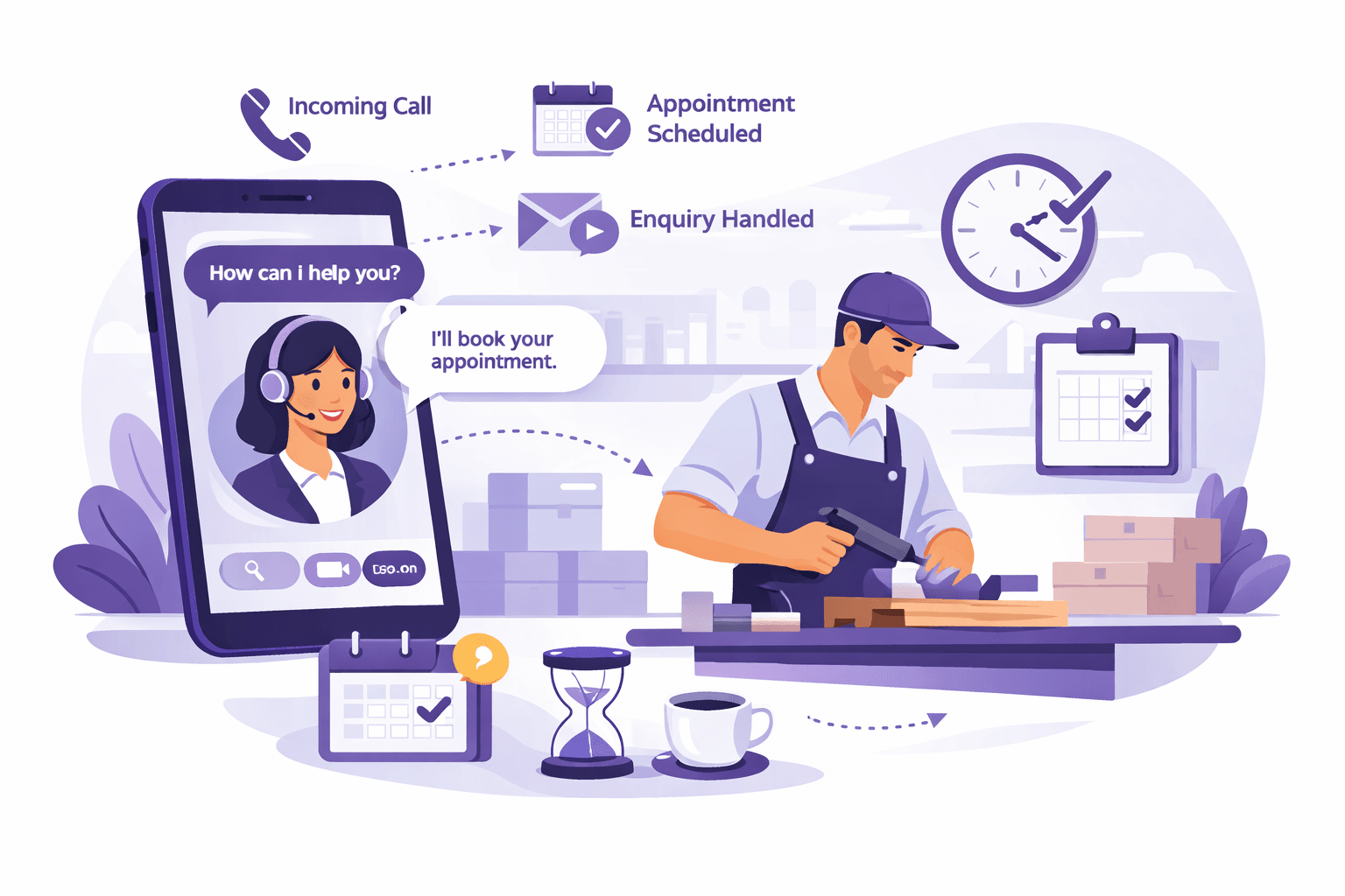 Illustration showing a small business owner saving time and reducing missed calls with an AI voice receptionist
