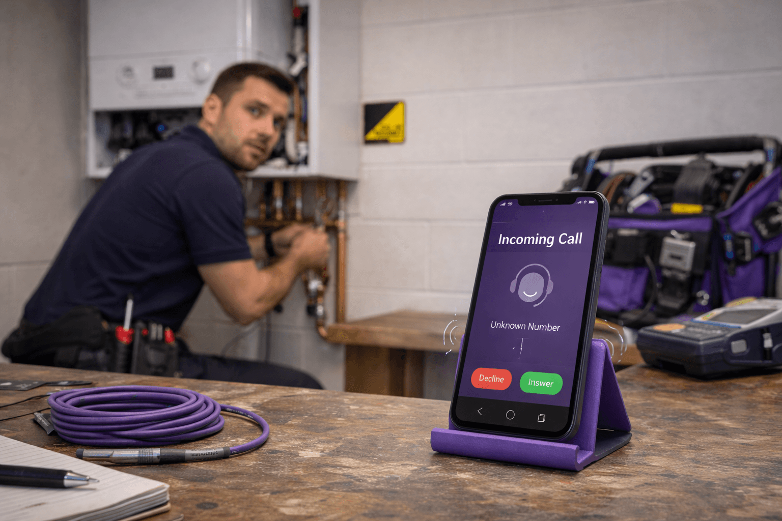 Small business owner interrupted by constant incoming calls while trying to complete a job