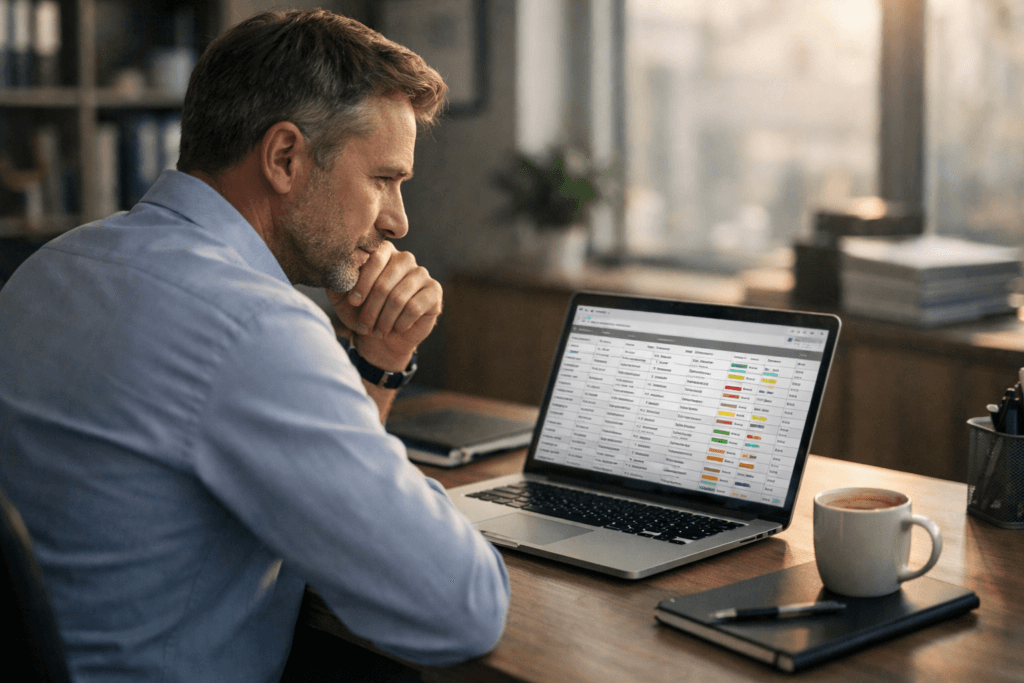 Small business owner reviewing a database of customer leads on a laptop