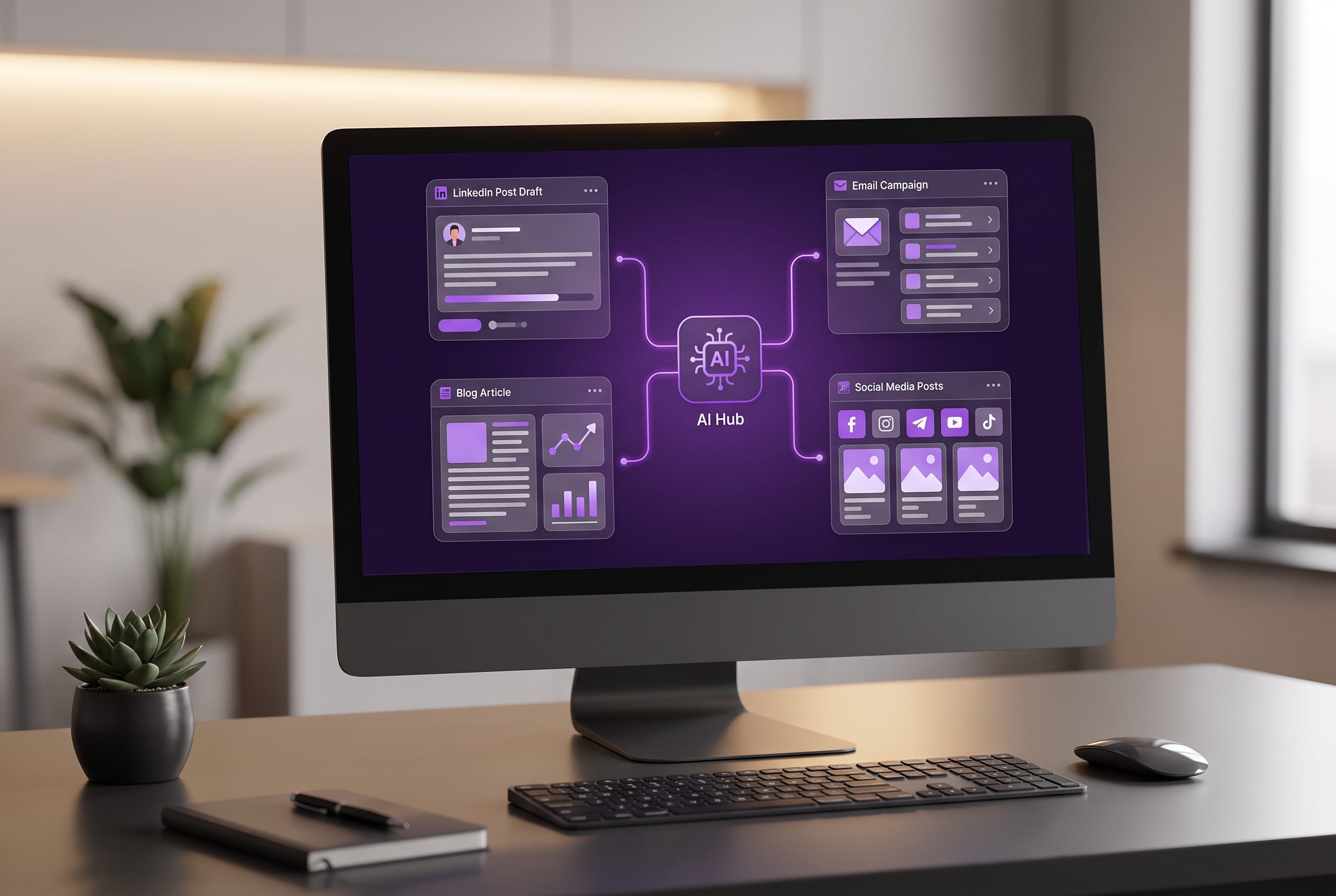 AI-powered marketing dashboard showing content production across LinkedIn, blog, email and social channels
