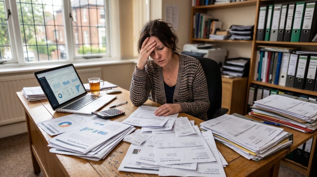 Small business owner frustrated by marketing agency reports and invoices on their desk