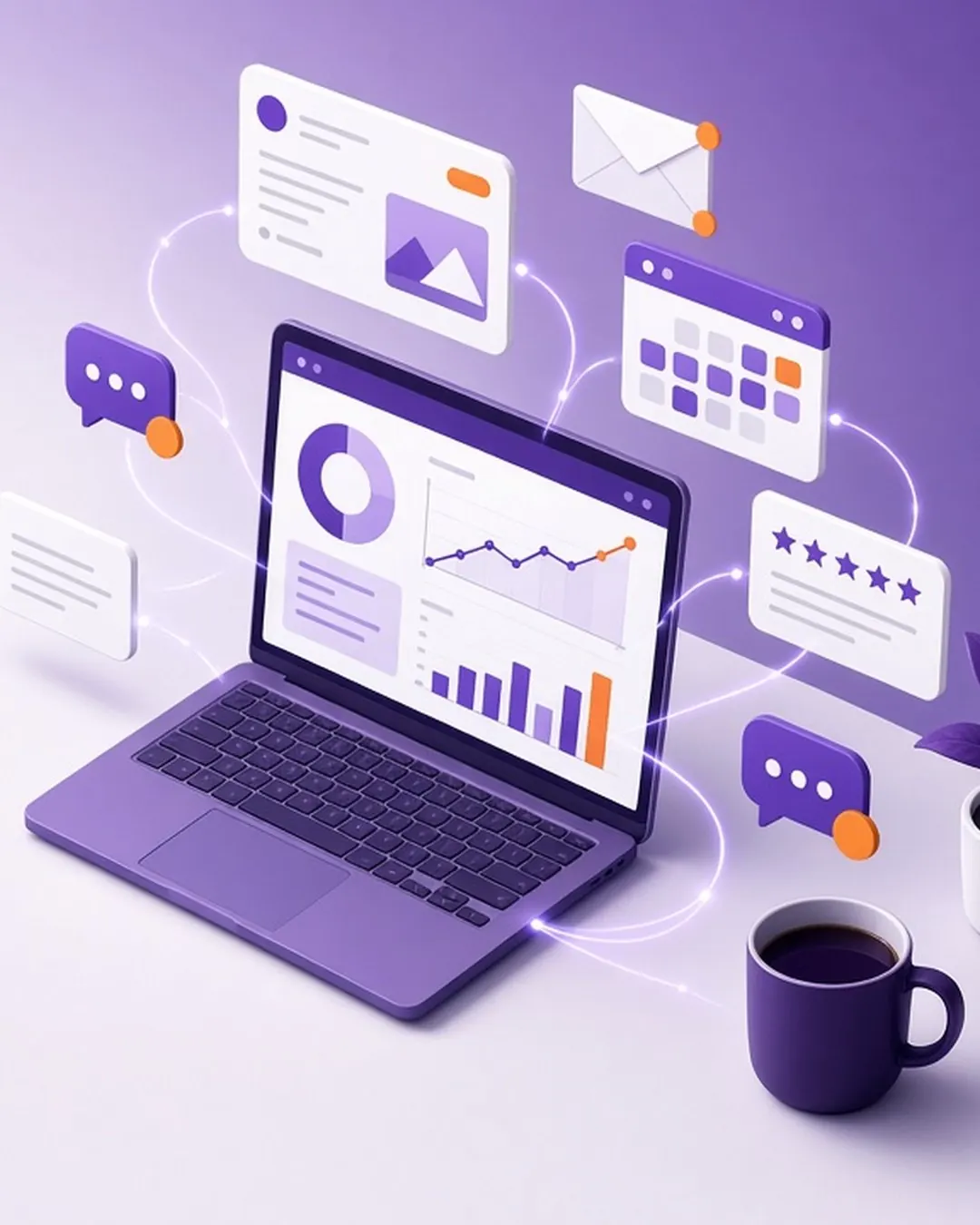Laptop dashboard sending out posts, emails, bookings and reviews — AI-run marketing
