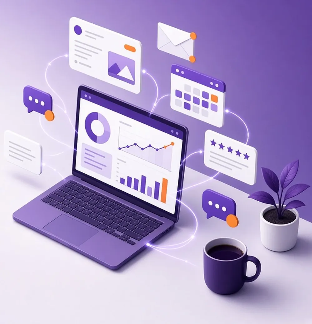 Laptop dashboard with posts, emails, bookings and reviews flowing out of it